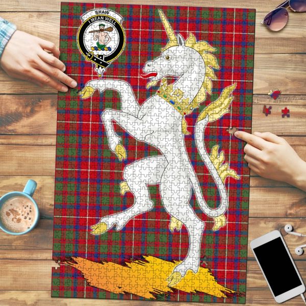 Shaw Red Modern Tartan Crest Unicorn Scotland Jigsaw Puzzles Cheap